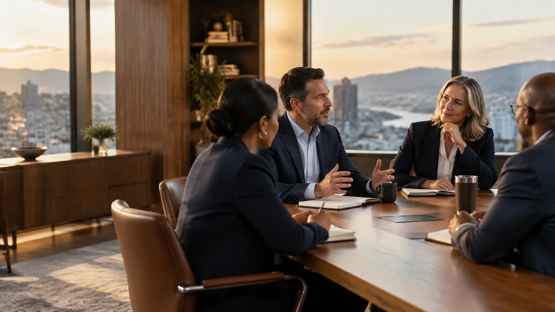 Senior business leaders in a warm boardroom peer advisory discussion